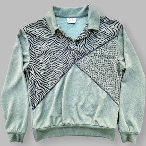Vintage TEDDI 80s Olive Green Animal Print Collared Top